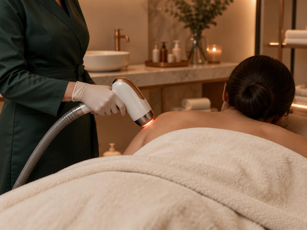 Practitioner treating the shoulder area of a towel-draped client