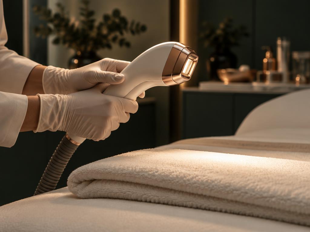 Gloved hands preparing a laser handpiece above a folded clinic towel