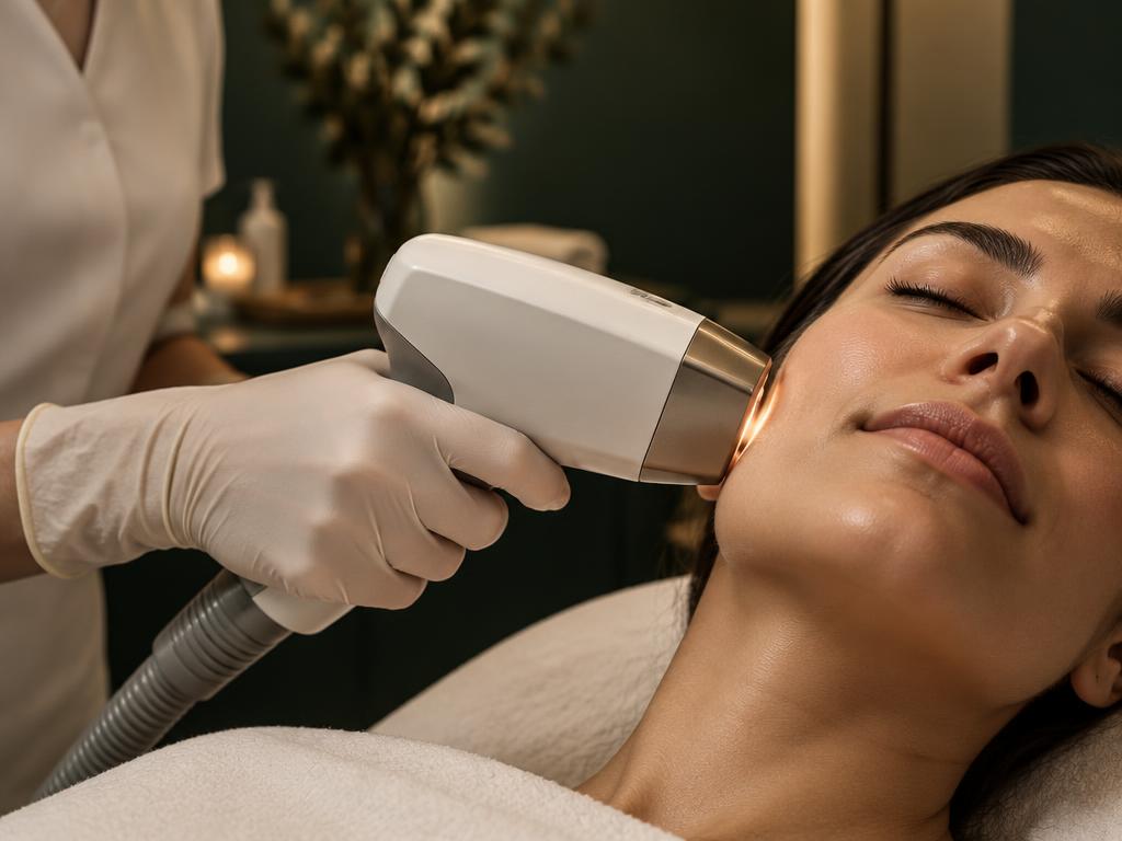 Laser handpiece held against a client's cheek during facial laser hair reduction