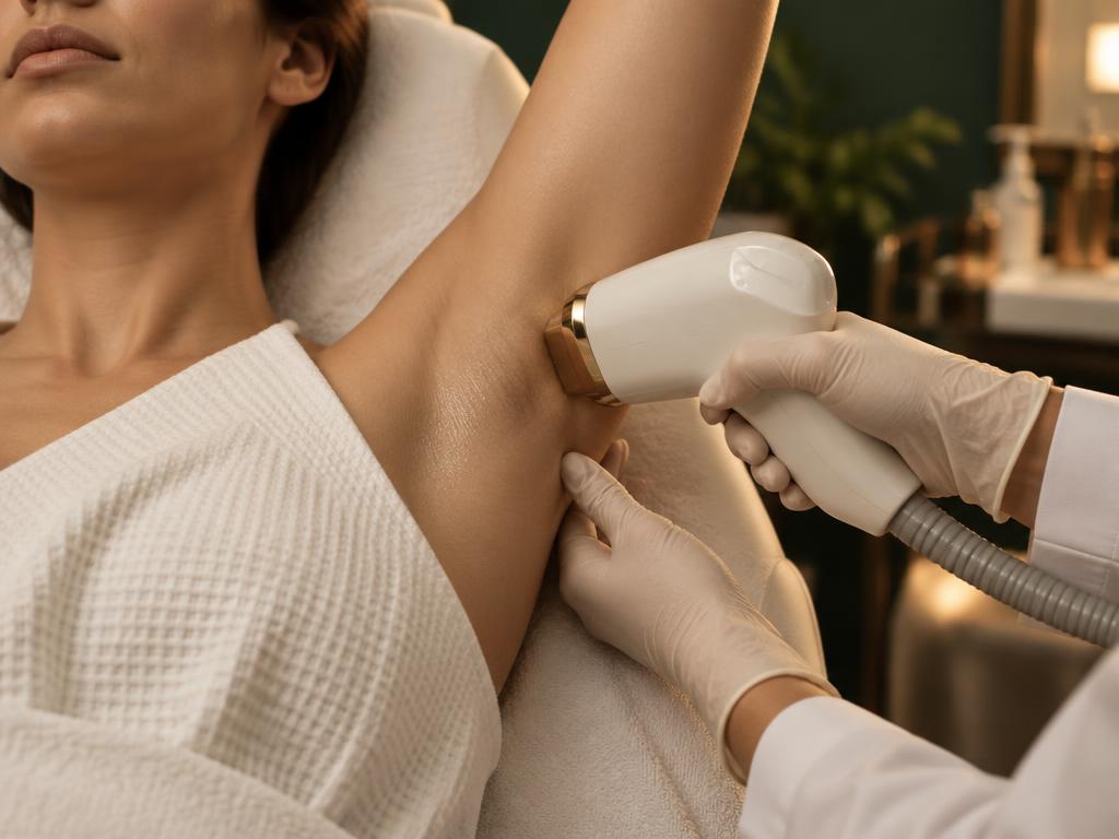 Gloved practitioner applying a laser handpiece to the underarm area