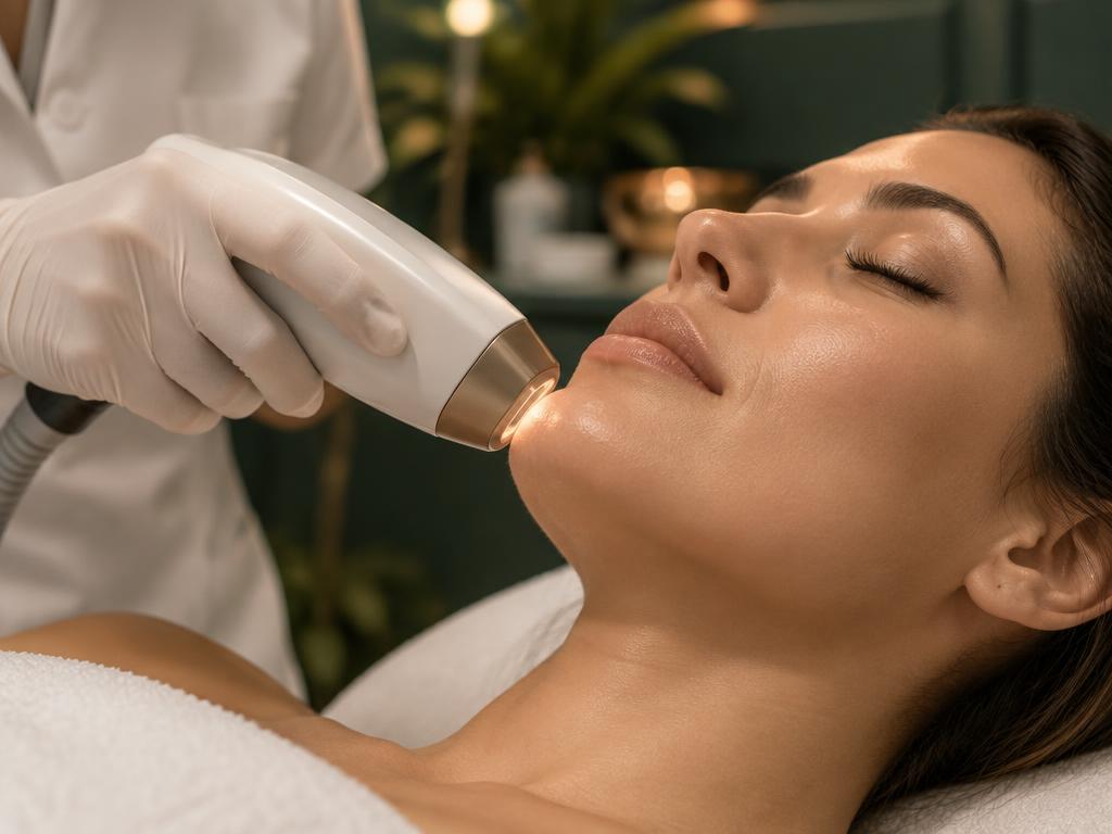 Precision laser handpiece guided along a client's chin and jawline