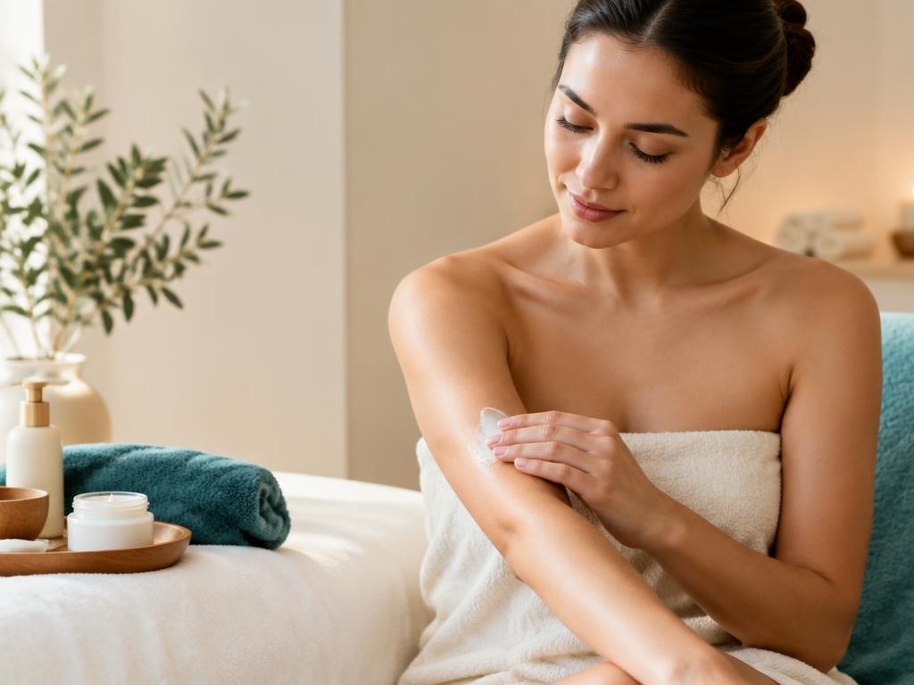 Client gently applying soothing moisturiser to her arm after treatment