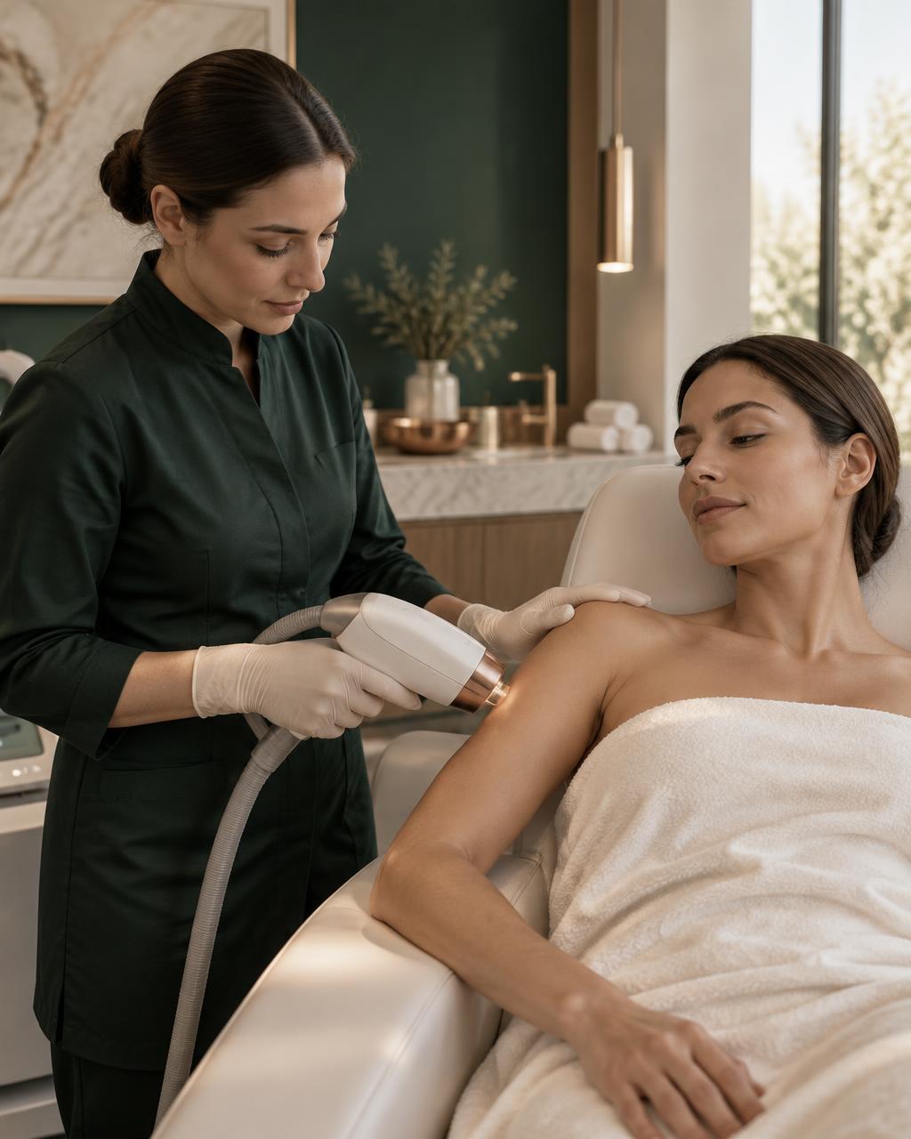 Laser handpiece guided over a client's shoulder during a laser hair reduction treatment