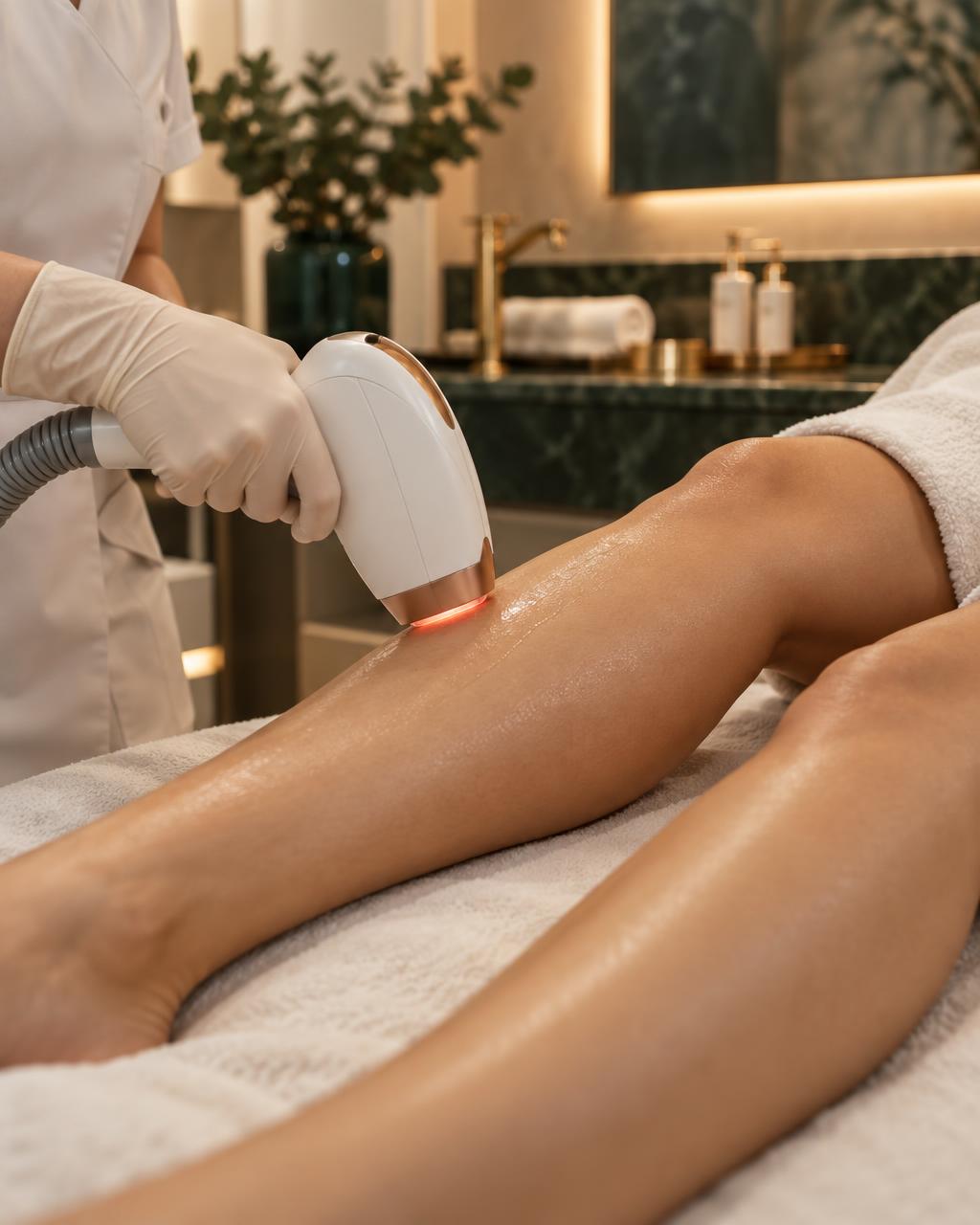 Laser handpiece gliding over skin during a laser hair reduction treatment